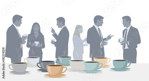 Silhouetted business people stand, talk, and hold cups, with several colorful coffee mugs on a light table background.