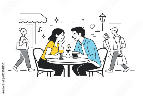 Outdoor cafes social moments. Couple enjoying drinks at a sidewalk cafe, leaning toward each other in conversation while people pass by in
