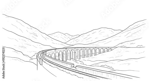 Train crossing scenic mountain viaduct in minimalist line art illustration
