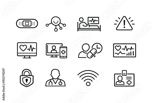 Medical Wearables. Line outline icon set of Medical Wearables: medical smart patch, health