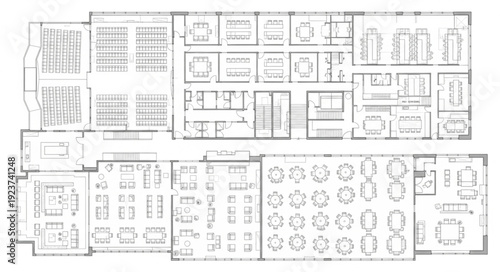 Detailed architectural floor plan showcasing the layout of a building with various rooms and spaces.