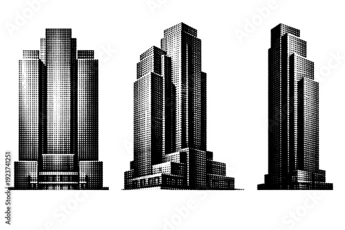 Urban skyline building silhouette. A single urban skyline building silhouette shown in three views: front elevation view, three-quarter