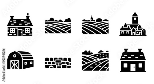 Charming rural landscape icons: silhouette set of countryside elements