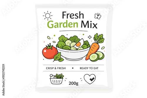 Food packaging illustration. Clean package design with simple food icons and soft shapes, calm and appetizing mood. Friendly editorial scene