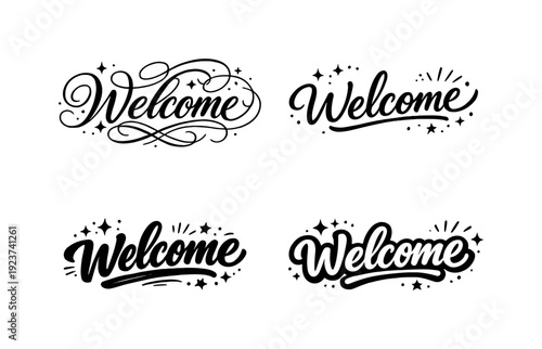 Friendly vibes. Create a calligraphy lettering illustration of the phrase: Welcome. Render 4