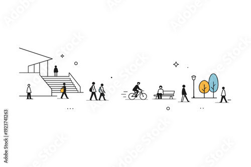 People seen from distance. Distant people appear as minimal shapes within a large architectural or outdoor setting. The scene conveys