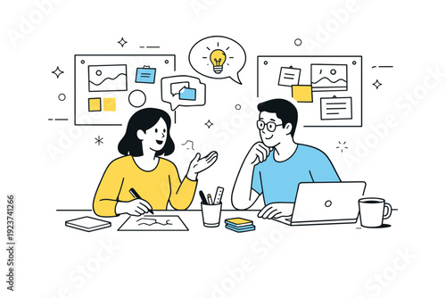 Creative Teamwork Illustration. Creative professionals collaboration. Two creatives discussing concepts with mood boards and notes, calm teamwork and shared