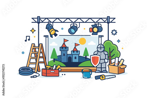 A theater set being built with props, backdrops, and lighting emphasizing technical preparation and visual storytelling. A compact
