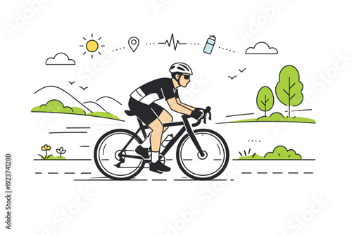 Spring cycling endurance ride. Cyclist riding steadily along a quiet road with fresh greenery, smooth cadence and long-distance focus, calm