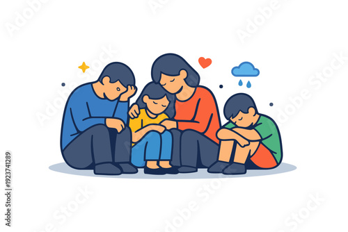 Distraught family waiting outside together in silence shown by closely grouped characters with minimal facial detail and gentle posture,