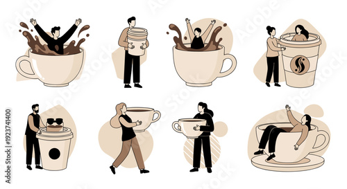 Playful Coffee Culture: Whimsical Illustration of People Enjoying Giant Coffee Cups and Beverages, Ideal for Cafe Branding and Coffee Shop Promotion