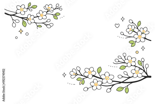 Blooming branches. Delicate tree branches with fresh blossoms gently spreading across the frame, symbolizing renewal and calm growth. Light