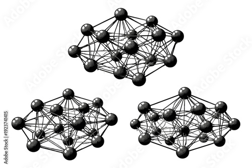 Neural network nodes, geometric neural node cluster composed of evenly spaced rounded nodes connected by rigid linear links presented in