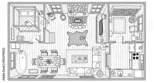 Detailed floor plan of a living space with furniture and layout design.
