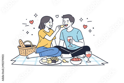 Couple on a picnic. A romantic pair sitting on a blanket outdoors, sharing food and laughing together, subtle floating stars and hearts