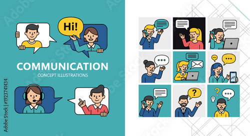 Engaging Communication Illustrations: Diverse Characters Connecting Through Speech Bubbles for Modern Business and Social Interactions, Depicting Teamwork, Support and Information Exchange