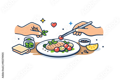 Food stylists shaping visual stories around dishes a focused creative scene where hands arrange a plated meal with tweezers, herbs and props,