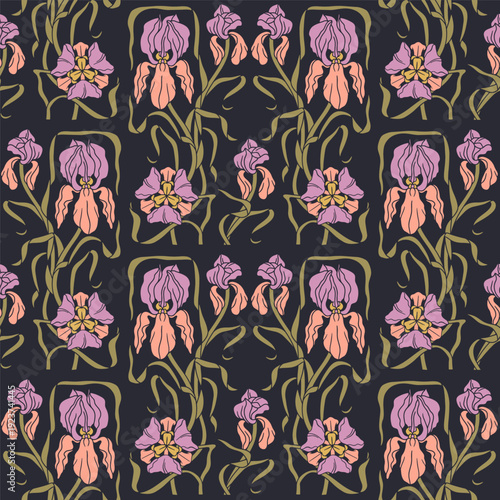 Art nouveau style hand drawn line art pink iris flowers seamless pattern on black background