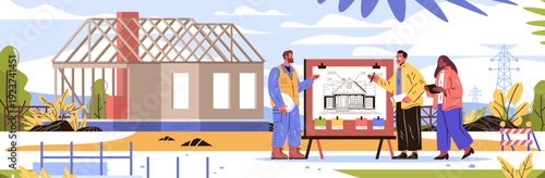 Construction workers house building blueprint teamwork architectural project site with unfinished frame engineers discussing plans safety gear outdoor scene
