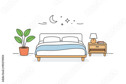 Minimalist Bedroom Design. Minimal bedroom for healthy sleep. Simple bed, plant, and nightstand arranged with plenty of space, visual quiet and sense of