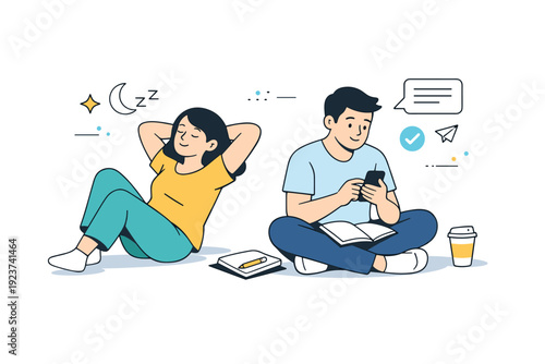 Couples parallel activities during a break. One partner stretches or rests while the other checks notes or messages nearby. Supportive