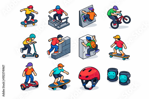 Urban extreme sports. Colorful isometric vector icons set of Urban extreme sports: street skateboarding, stair rail grind, wall ride, BMX
