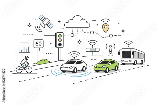 Smart road technology. Abstract sensors, signals, and connected vehicles integrated into a road scene, suggesting modern infrastructure and