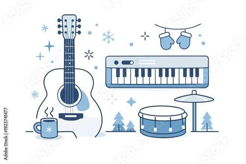 Instrument close-up for winter jam. Simplified illustration of guitar, keyboard, or drum set in a cozy indoor setting with soft winter