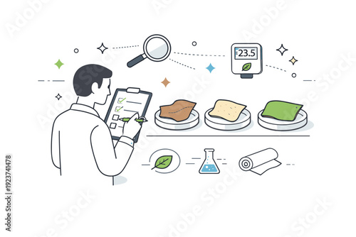 Quality control of leather alternatives. A researcher marks results on a checklist while comparing different bio-based leather samples under controlled