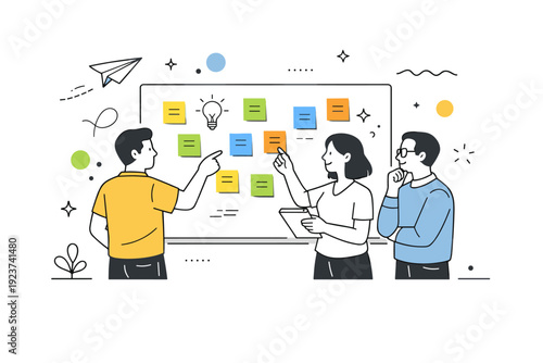 Creative Team Collaboration. Brainstorming with sticky notes. Small team standing around a board covered with colorful sticky notes, exchanging ideas and