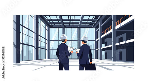 Two male engineers in hard hats look at blueprints inside a large empty building with glass walls.
