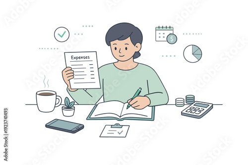 Mindful money management routine. A calm editorial scene of a person reviewing expenses on paper with a notebook and pen, no rush or stress.