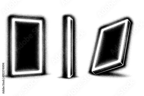 Outline glow frame object shown in three views including front view, side view, and angled view emphasizing luminous edge thickness rendered