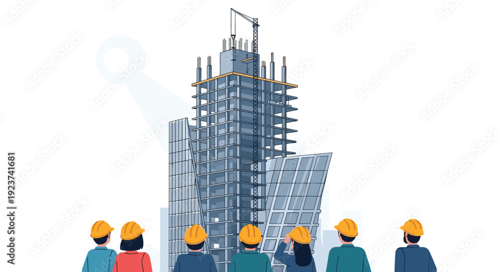 Obraz premium Construction workers in hard hats observe a tall building under construction with a crane on a white background.
