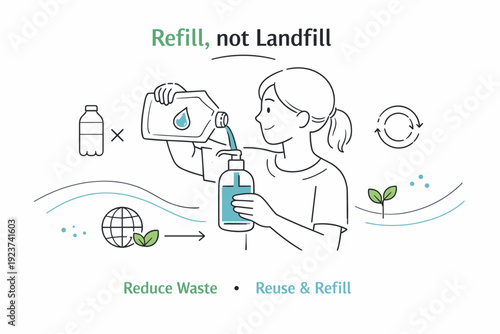Refill system packaging. Customer refilling a container instead of replacing it. Smart consumption, waste reduction, gentle flow lines