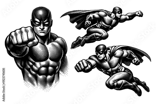 Comic action superhero figure, a single muscular superhero figure object shown in punching pose front view, leaping side view, and dynamic three-quarter action