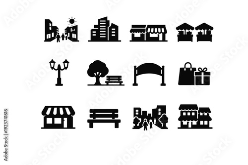 City Shopping Street. Solid icon set of city shopping street: pedestrian street view, modern buildings, shop row, street vendors line, urban