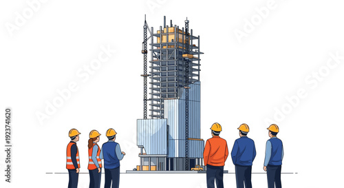 A group of construction workers in hard hats observe a tall building under construction with a crane.