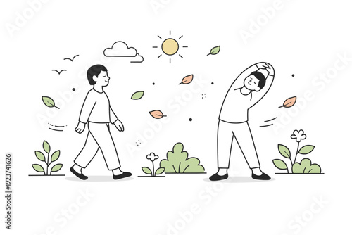 Spring equinox outdoor mindfulness. A person walking slowly or stretching in a garden or park, surrounded by gentle nature symbols like