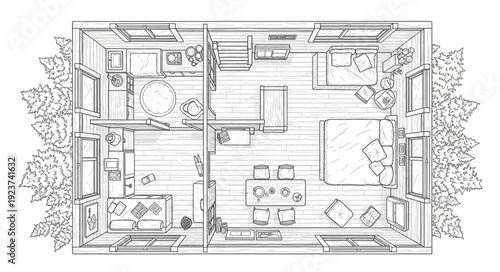 Detailed architectural floor plan showcasing interior design and room layouts for a modern home.