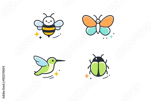 Pollinator habitat icons. Simple icons of bee, butterfly, hummingbird and beetle with soft outlines and friendly shapes. Calm visual set for