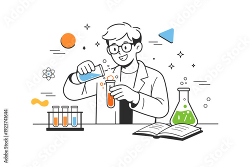 Science experiment in lab. A cheerful scientist mixes colorful liquids in beakers while observing reactions, with floating abstract shapes