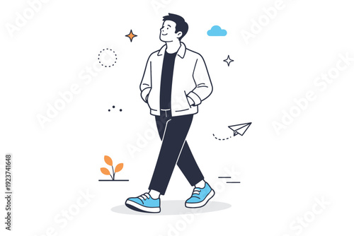 Calmer walking pace. Person strolling with hands in pockets, head slightly raised. Ease, comfort, quiet confidence in motion. Minimalist flat vector