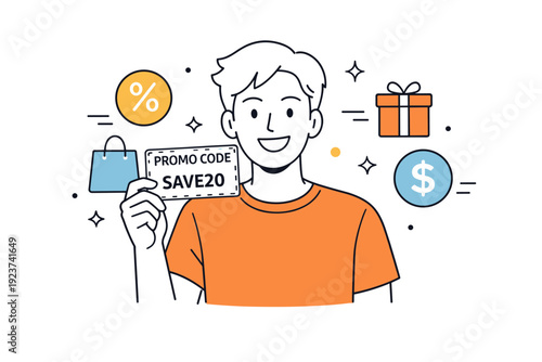 Smart Savings Smiles. Promotions and discounts in advertising. Person holding a coupon or promo code card, smiling with a sense of smart savings. Friendly