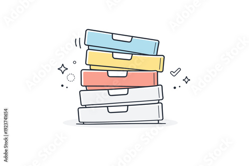 Stacks slightly leaning. Stack of storage boxes or trays tilted just enough to show imbalance, surrounded by open space. Organized but