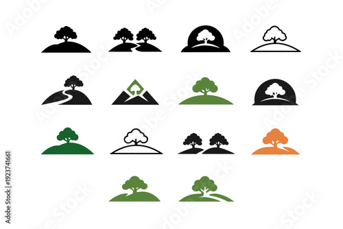 Mound. Icon set. Set Logo of Mound: mound with tree silhouette. harmonious logo variations of the same emblematic concept, each