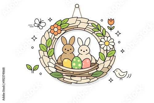 Easter recycled paper decor. Paper Easter wreath made from layered recycled materials, hanging on a wall with subtle spring