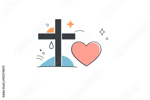 Good Friday sacrifice symbolism. Abstract shapes forming a cross with a soft heart or light element nearby, suggesting love and sacrifice without literal