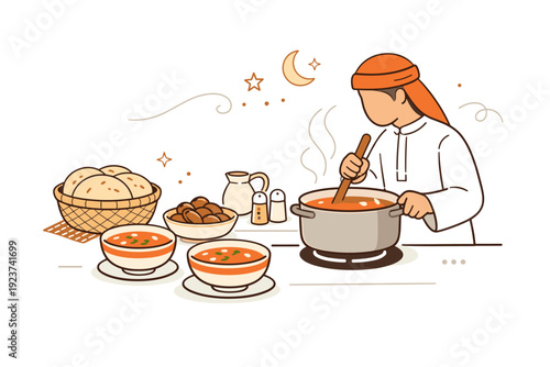 Preparing traditional dishes. A person stirring a pot while bowls of soup, bread, and dates are arranged nearby. Cultural warmth, tradition,