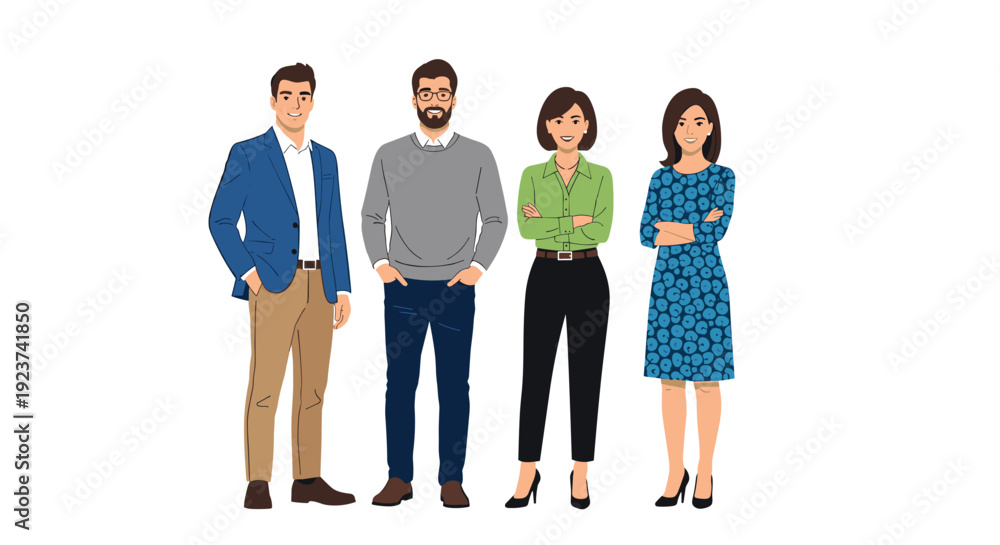 Fototapeta premium Four diverse business professionals, two men and two women, standing side-by-side in smart office attire.